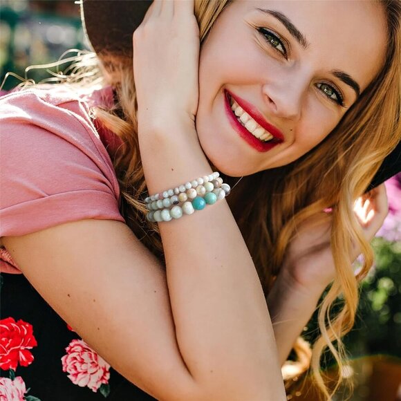 3PCS Amazonite Healing Crystal Natural Stone Beaded Stretch Bracelet for Women - Picture 4 of 6